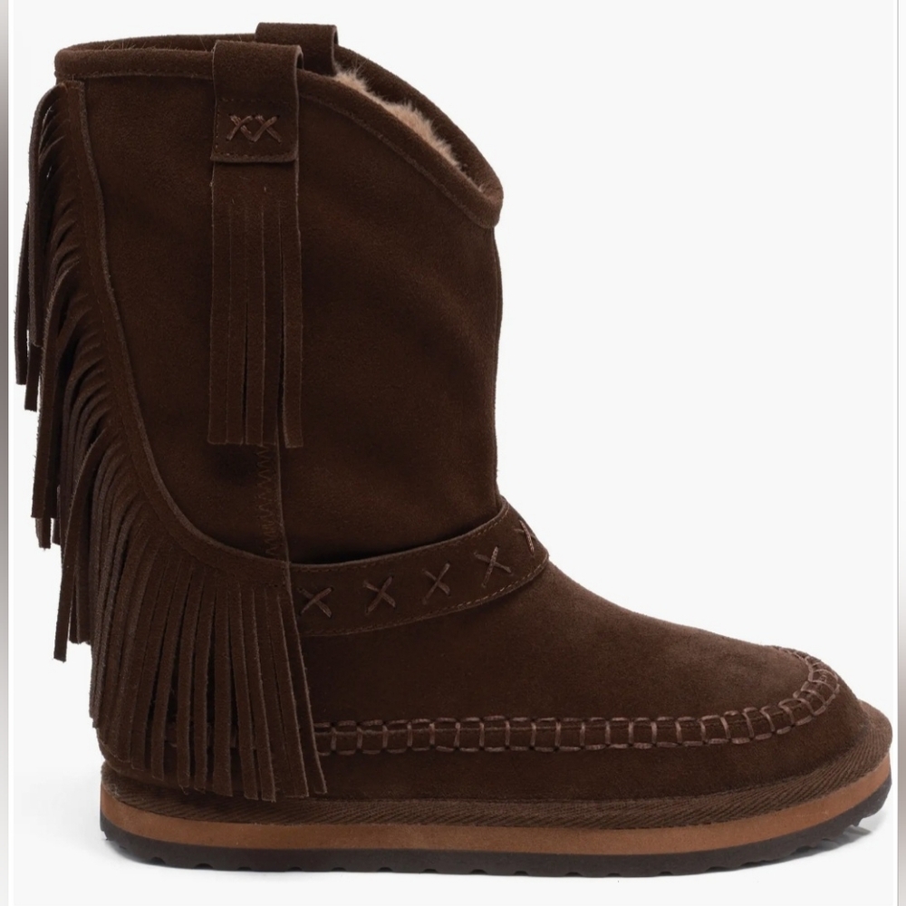 Free People Faye Fringe Pull On Boots Chocolate Women's Leather Various Sizes - Picture 5 of 8
